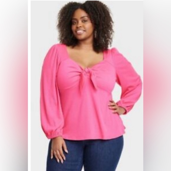 😊5/10 Ava & Viv Pink Long Sleeve Sweetheart Neck Tie Front Blouse 3X - Picture 1 of 8
